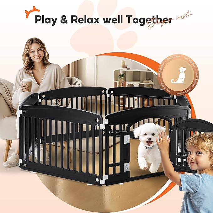 HealSmart 6 Panel Dog Playpen, 24” Exercise Puppy Playpen with Door, Safe, Secure, Folding & Portable Pet Playpen for Indoor & Outdoor Use, Suitable for Puppies and Small, Black