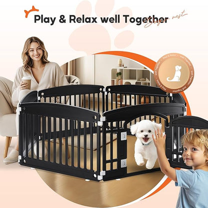 HealSmart 6 Panel Dog Playpen, 24” Exercise Puppy Playpen with Door, Safe, Secure, Folding & Portable Pet Playpen for Indoor & Outdoor Use, Suitable for Puppies and Small, Black