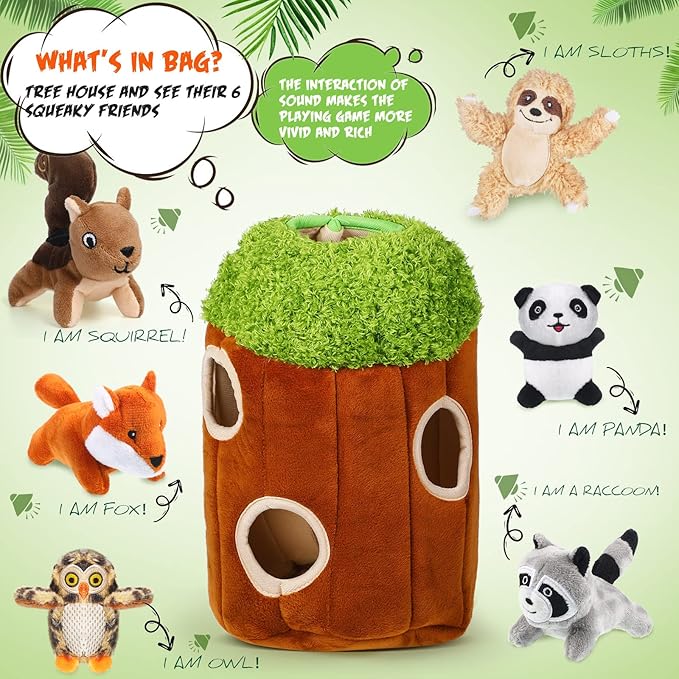 Skylety 7 Pieces Hide and Seek Dog Toys Activity Puppy Chew Squeaky Toys Plush Stuffing Burrow Woodland Stuffing with Squeakers for Small Medium Pets Dogs Puppy Gift(Cute,Medium)