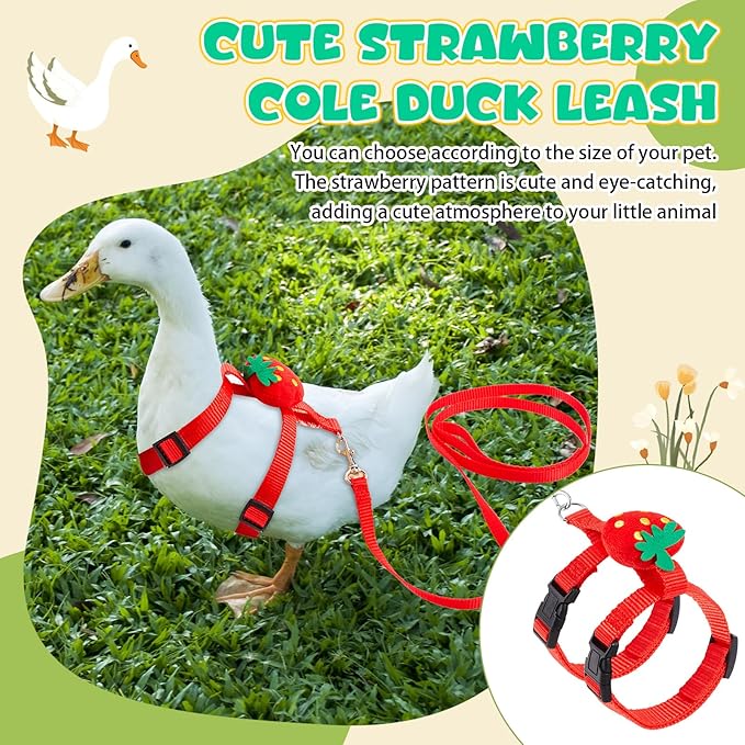Duck Harness Leash Set Duck Harness and Leash for Real Ducks Adjustable Walking Rope Pet Cute Pattern Outdoor Traction Rope for Chicken Rabbit Small Animals(S,Strawberry)