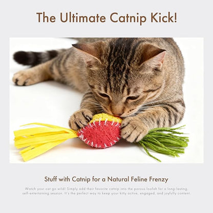 Mira's Pocket Natural Loofah Cat Toy with Feathers, Elastic Bouncing Chew Toy with Catnip & Bell, Self-Play Enrichment Toy for Indoor Cats to Relieve Boredom (Color Mixing)