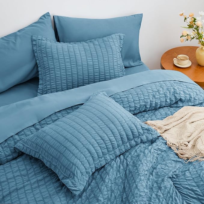 Love's cabin Seersucker Misty Blue King Size Comforter Set, 7-Piece All Season Lightweight Bed in a Bag Bedding Set with Comforter, Flat Sheet, Fitted Sheet, Pillowcases and Shams | Soft, Breathable, Lightweight