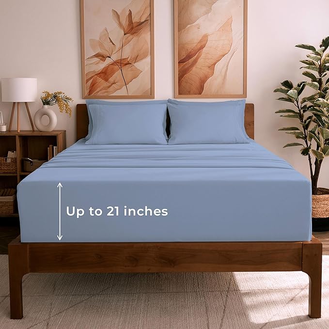 Mellanni California King Sheet Set - 6-Piece Iconic Collection Bedding, (Including 4 Pillowcases), 21-Inch Extra Deep Pocket, Easy Care, Ultra Soft, Cooling Sheets, Brushed Microfiber - Sky Blue