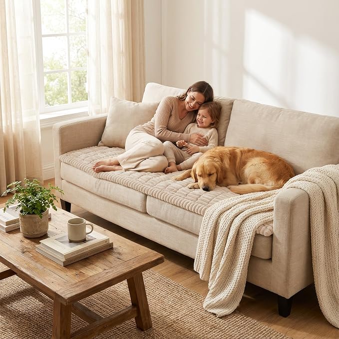 Smiry Couch Cover for Dogs Washable, Non Slip Fuzzy Pet Couch Covers for 3 Cushion Sofa Pet Friendly, Thick Soft Sofa Slipcovers Cushion Protector (Apricot, 27.6" x 27.6")