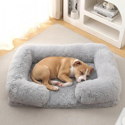 Orthopedic Dog Bed for Medium Dogs - Washable Memory Foam Pet Sofa, Fluffy Plush Rectangular Bed, Waterproof Anti-Anxiety Couch, Light Gray, M