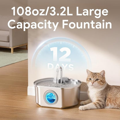 Cat Water Fountain Stainless Steel: 108oz/3.2L Cat Fountain for Drinking - Pet Water Fountain Inside - Automatic Dog Watering Dispenser Bowl - Pet Feeding & Watering Supplies - Water Level Window