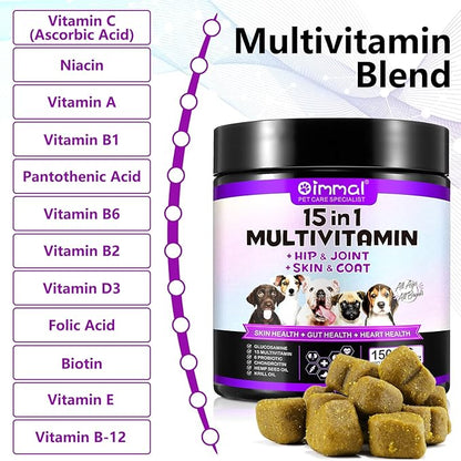 15-in-1 Dog Vitamins and Supplements, 150ct Dog Multivitamin Chewable with Glucosamine and Probiotics Senior & Puppy Multivitamin Pet Supplement Hip & Joint Support Immune Health Heart Digestion