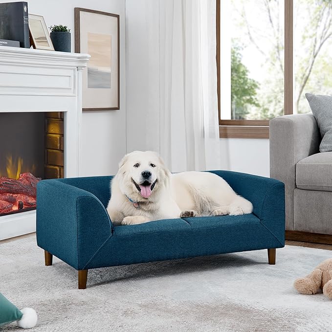 Dog Sofa Couch for Medium Dogs with Backrest and Armrest, Memory Foam Dog Sofa Bed, Modern Elevated Pet Couch Bed with Wooden Legs, Blue