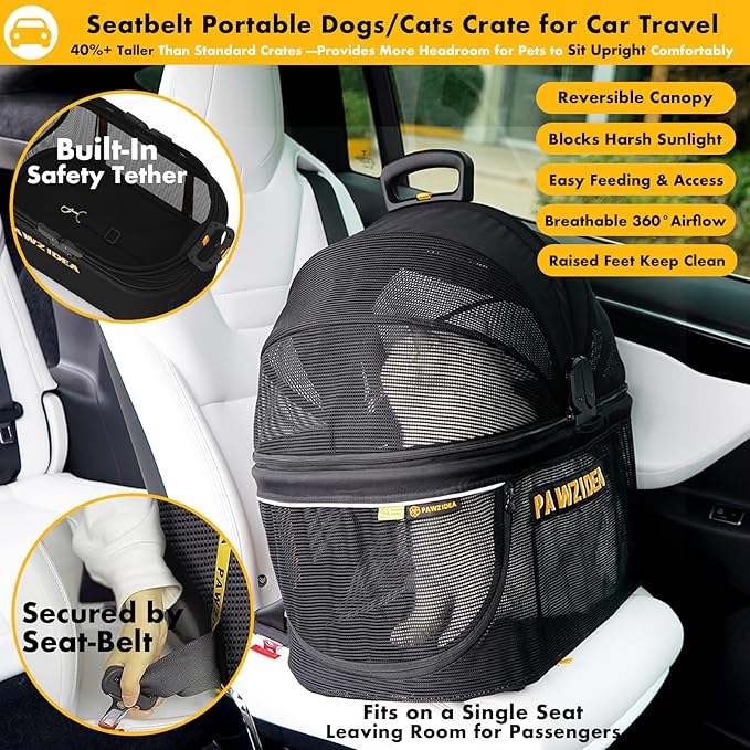 PAWZIDEA Pet Stroller 4 in 1, Foldable Cat Stroller with Detachable Carrier for Small Medium Dogs & Cats, Escape-Proof No-Zip Canopy, Lightweight Portable Travel Crate & Car Seat Combo, Storage Basket