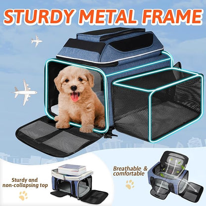 Petskd Top and Side Expandable Pet Carrier 18x11x11 Inches Delta United Airline Approved, Soft-Sided Carrier for Small Cats and Dogs with Locking Safety Zippers and Anti-Scratch Mesh(Blue)