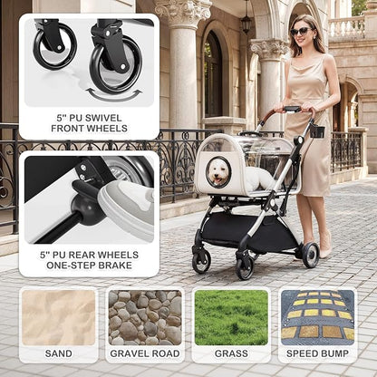 MoNiBloom Pet Stroller with Detachable Carriers, Clear Hard Trolley Case for Small Medium Dogs Cats, Breathable Mesh Windows, One Hand Fold & All-Terrain Wheels