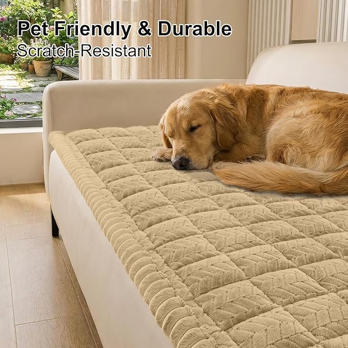 Smiry Non Slip Couch Covers for Dogs, Fuzzy Pet Couch Covers for 2 Cushion Sofa Pet Friendly, Soft Sofa Loveseat Slipcovers Cushion Furniture Protector Washable (Khaki, 27.6" x 47")