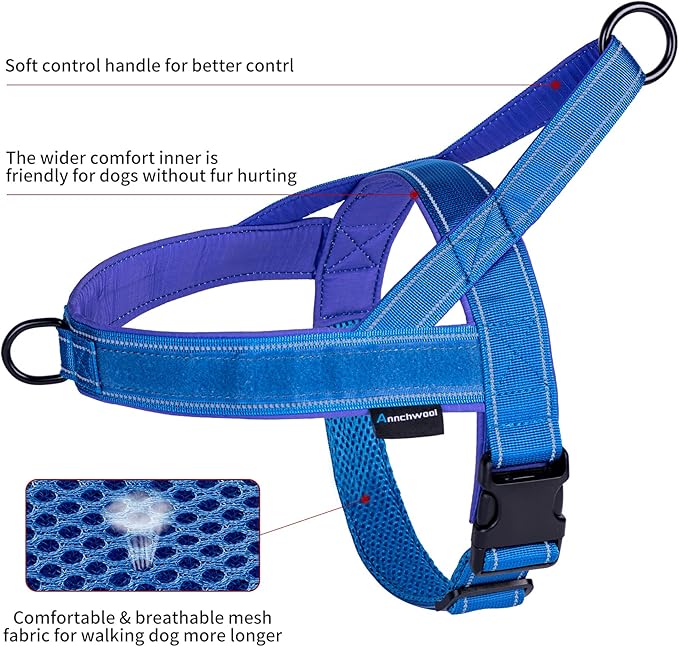 Annchwool No Pull Dog Harness with Padded Handle+5 Ft Leash,Reflective Strip Escape Proof and Quick Fit to Adjust Dog Harness,Easy for Training Walking for Small & Medium and Large Dogs(Blue-Set,L)