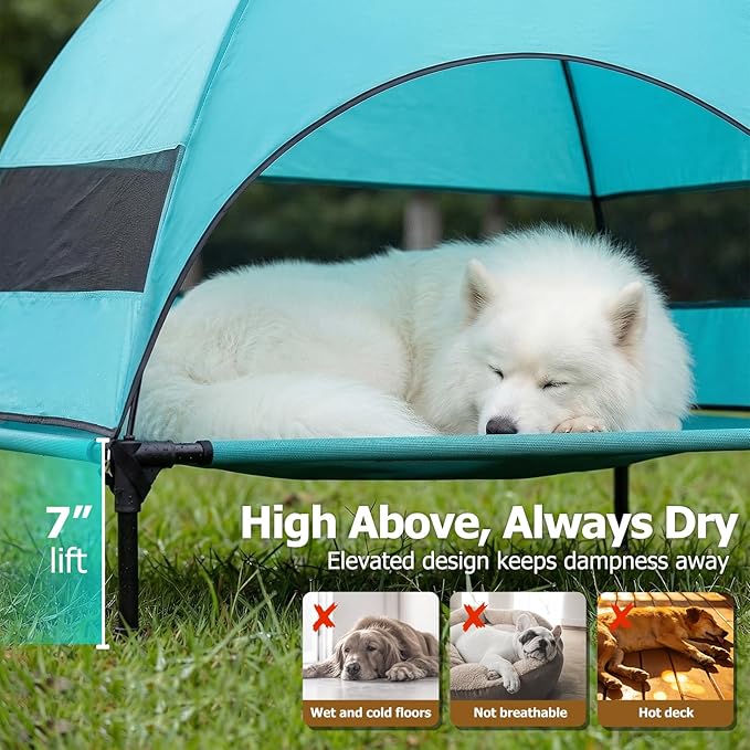 Elevated Dog Bed with UV-Proof Canopy, Outdoor Dog Tent with Powerful Adjustable Feet, Portable Pet Cot with Wider Shade, Raised Cooling Bed for Camping, Patio, Beach, Poolside