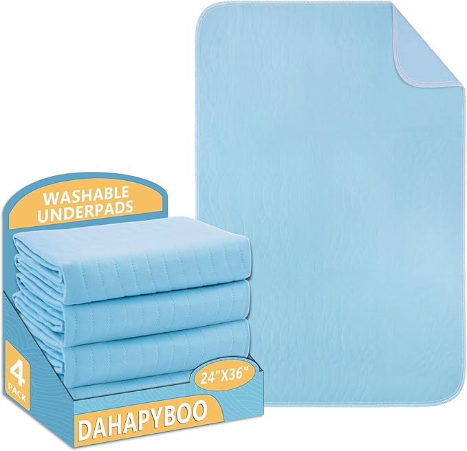 DAHAPYBOO Washable Underpads, 24”x36” 4 Pack Incontinence Bed Pads,Heavy Absorbency Reusable Bed Pads for Elderly,Kids,Adults and Pets,Bed Pads Washable Waterproof Quick Drying for Bed, Sofa, Floor