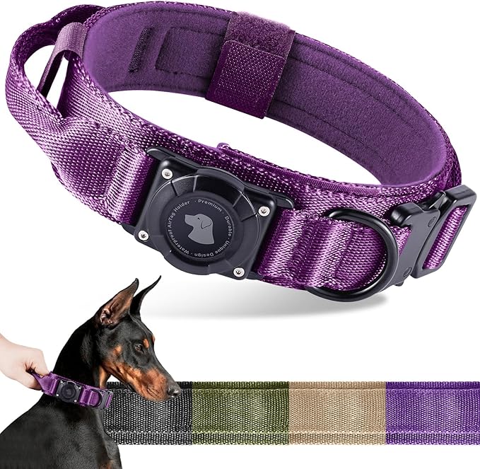 2026 Upgrade Waterproof AirTag Dog Collar, Military Tactical Dog Collar with AirTag Holder, Comfortable Control Handle and Metal Buckle, GPS Dog Collar Holder for Medium to Large Dogs (Purple, L)