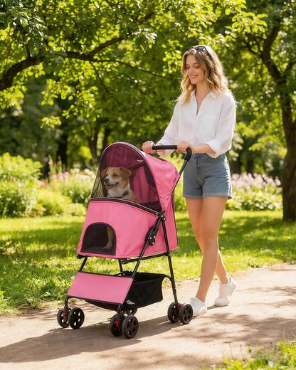 Pet Stroller for Small Medium Dogs Cats - Lightweight 10lbs Foldable Dog Stroller, Breathable Mesh & Safety Tether, 33lbs Capacity with Locking Wheels, Storage Basket for Outdoor Walks-Pink
