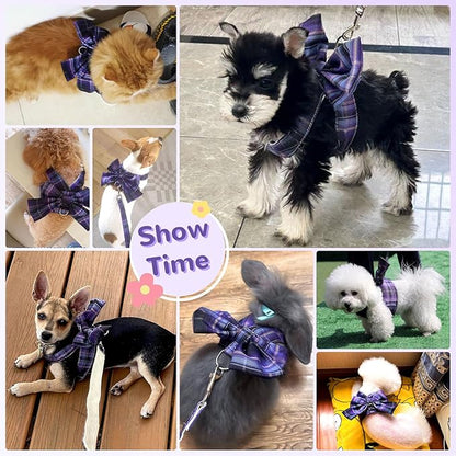 Cute Dog Harness and Leash Set with Bow Tie Soft Mesh Plaid Girl Puppy Harness No Pull Pet Cat Dog Vest Harness for Small Dogs Chihuahua Rabbit Outfit (Purple,S)