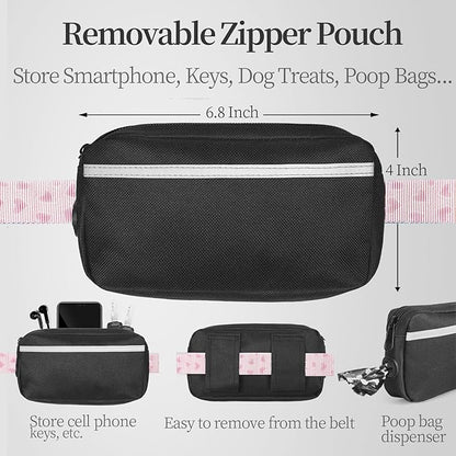 iYoShop Hands Free Dog Leash with Zipper Pouch, Dual Padded Handles and Durable Bungee for Walking, Jogging and Running Your Dog (Pink Heart, Large)