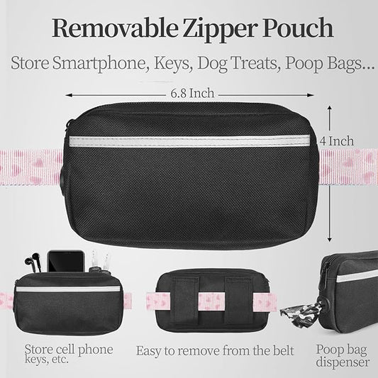 iYoShop Hands Free Dog Leash with Zipper Pouch, Dual Padded Handles and Durable Bungee for Walking, Jogging and Running Your Dog (Pink Heart, Large)