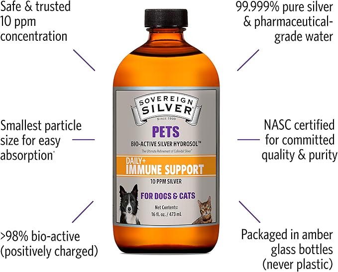 Sovereign Silver Pets Immune Support - Colloidal Silver, Bio-Active Silver Hydrosol, for dogs and cats, 10 ppm, Liquid Twist Top, 16 Fl Oz, (473 mL)