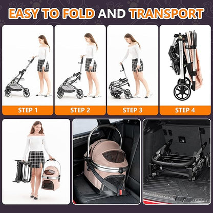 Kenyone 3-in-1 Pet Stroller for Small Medium Dogs Puppy Cat Stroller with Detachable Carrier & Pad Lightweight Foldable Aluminum Alloy Frame Dual No-Zip Entry(Pink)