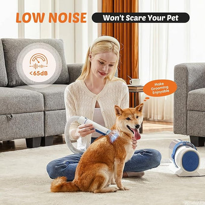 Sweetcrispy 2.5L Cup Professional Pet Grooming Vacuum Kit, 3 Suction Modes and 5 Groomer Tools with Cordless Low Noise Dog Clippers for Cats, Other Animals Hair Trimmer, White-Blue