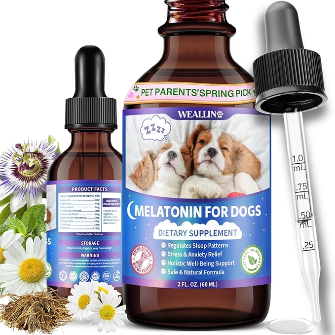 WEALLIN Melatonin for Dogs with L-Theanine & Chamomile | Anxiety Relief & Calming, Relaxation & Sleep Support Liquid Dog Melatonin | Fast-Absorbing & Bacon Flavor (1 PC)