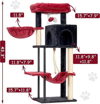 Gitelsnour Cat Tree, Cat Tower for Indoor Cats, 43.3 inch Gothic Cat Tree Tower with Sturdy Steel Tube, Hammock, Cat Condo for Small Cats and Kittens, Scratching Post, Black and red GCT004SBR