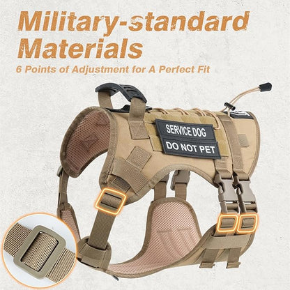 No Pull Tactical Dog Harness for Large Dogs, Escape Proof Molle Dog Vest Harness and Leash Set, Adjustable Military Service Dog Harness with Handle for Medium Large Dogs(Brown,Large)