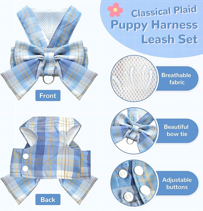 Cute Dog Harness and Leash Set with Bow Tie Soft Mesh Plaid Girl Puppy Harness No Pull Pet Cat Dog Vest Harness for Small Dogs Chihuahua Rabbit Outfit (Blue,XXL)