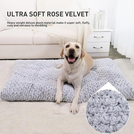 KSIIA Washable Dog Bed Deluxe Plush Dog Crate Beds Comfy Kennel Pad Anti-Slip Pet Sleeping Mat for Large, Jumbo, Medium, Small Dogs Breeds, 53" x 36", Gray