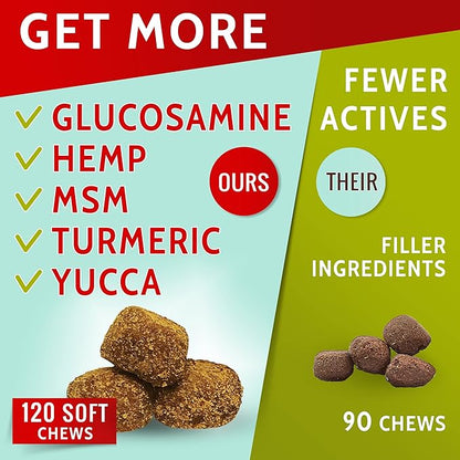 PAWFECTCHEW Hemp + Glucosamine Treats for Dogs - Made in USA Hip & Joint Supplement w/Hemp Oil Chondroitin MSM Turmeric - Natural Pain Relief - All Breeds Sizes - 120 Soft Chews - Bacon Flavor