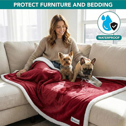 PetAmi Waterproof Dog Blanket for Small Medium Dog Puppy Cat Throw for Couch Cover Leakproof Protection, Sherpa Fleece, Reversible Soft Washable 29x40 Wine Red