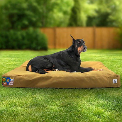 Sytopia 42 Inch Waterproof Indestructible Canvas Outdoor Dog Bed for Extra Large Dogs, Chew Proof Dog Crate Bed with Washable Removable Cover, Indoor Outdoor Patio Pet Pad, Yellow