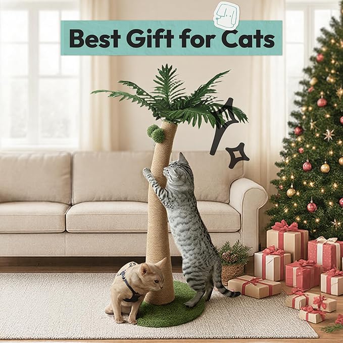 33" Tall Cat Scratching Post, Natural Jute Cat Scratcher for Indoor Cats, Coconut Tree Design with Hanging Toy Ball & Rest Platform, Stable Furniture Protector for Kittens & Adult Cats, S