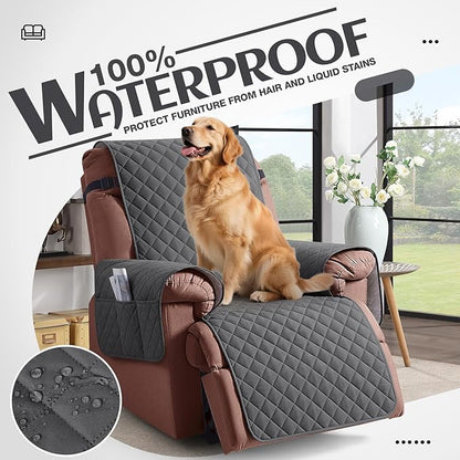 KinCam 100% Waterproof Recliner Chair Cover, Reclining Couch Covers for Pets, Dogs, Recliner Couch Slipcover Furniture Protector with Elastic Straps for Kids(28", Charcoal Gray)