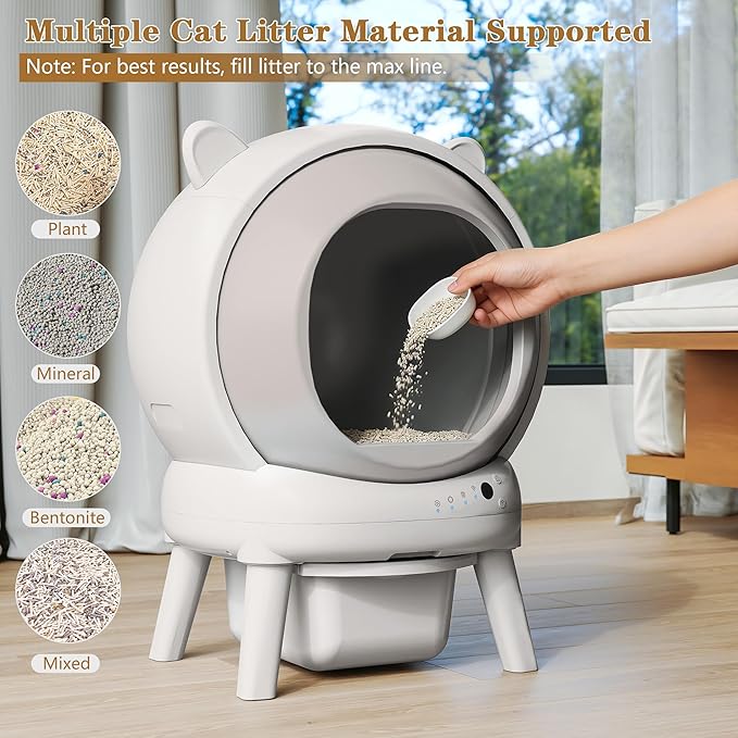 PUPETPO Self Cleaning Litter Box, Automatic Cat Litter Box for Multiple Cats, Auto Litter Box Robot with APP Control, Dual Safety Sensors, Odor Control&Low Noise, Cat Ears Design, Ivory White