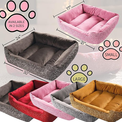 Pet Bed, Sparkling Rhinestones, Soft, Comfortable Velvet, for Lounging Dogs, Cats, Pets, Pink, Large, Sold Individually