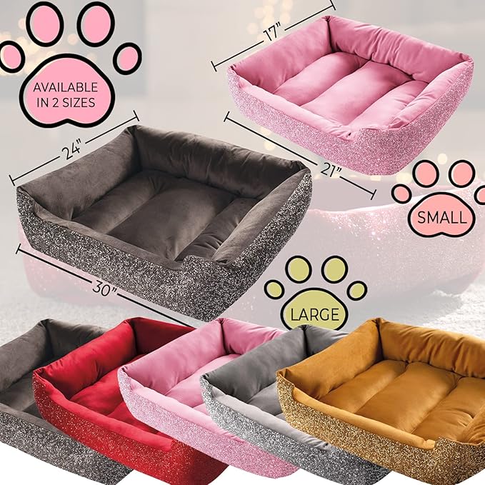 Sparkles Home Pet Bed, Sparkling Rhinestones, Soft, Comfortable Velvet, for Lounging Dogs, Cats, Pets, Red, Large, Sold Individually