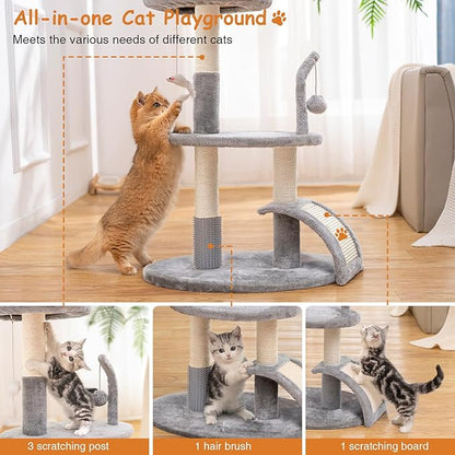 Goozii Large Cat Tree Tower with Scratching Post, Modern Kitten Tower for Indoor Cats, Sturdy Tall Carpet Sisal Cat Scratcher Stand with Big Bed Perch,Scratch Ramp,Ball Toy for Kitty Play -Grey
