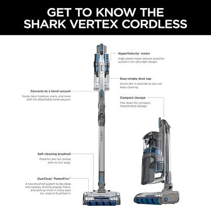 Shark Vertex Cordless Stick Vacuum | Powerful Suction, 60min Runtime, No Hair Wrap | HEPA Filter, XL Dust Cup, DuoClean PowerFins, MultiFLEX Wand | Crevice Tool & Pet Multi-Tool | Silver | IZ464H