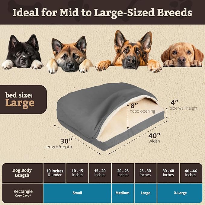 Snoozer Rectangle Cozy Cave Dog Bed - Indoor Dog Bed with Cover Cave, Covered Calming Burrow for Medium & Large Sized Pets with Blanket Attached, Enclosed, Washable Cover - Large, Anthracite