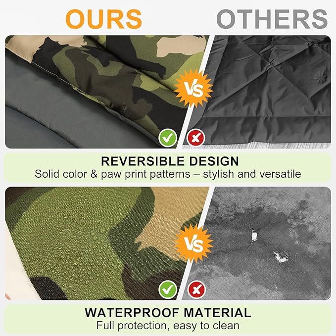 BEAUTYZOO Outdoor Dog Bed Waterproof, Camping Dog Bed Reversible, Portable Travel Bed with Carry Bag- Machine Washable, Durable, Foldable Pet Blanket for Medium Large Dogs, 26" x 43" Camouflage