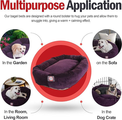 Majestic Pet 52 Inch Micro Velvet Calming Dog Bed Washable – Cozy Soft Round Dog Bed with Spine for Head Support - Fluffy Donut Puppy Mat 52x35x11 (inch) X- Large – Aubergine