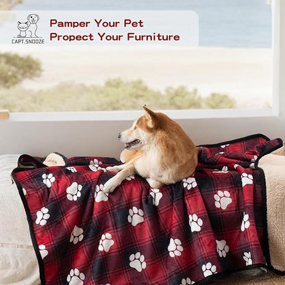 Waterproof Dog Blankets, 30"x40" Cat Blanket for Indoor Cats, Soft Fluffy Sofa Car Bed Protector, Reversible Sherpa Fleece Puppy Blanket for Small Medium Dogs Christmas Decor(Snow Red)