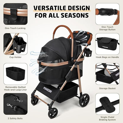 Pet Stroller for Small/Medium Dogs & Cats Up to 50 lbs, 3-in-1 Foldable Stroller w/Detachable Carrier & Car Seat, Removable All-Season Liner, Sunshade, Storage Basket & Cup Holder, All-Terrain, Black