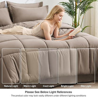 Love's cabin Queen Comforter Set Light Brown, 7 Pieces Queen Bed in a Bag, All Season Bedding Sets with 1 Comforter, 1 Flat Sheet, 1 Fitted Sheet, 2 Pillowcase and 2 Pillow Sham