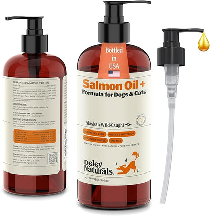Deley Naturals Wild Alaskan Salmon Oil for Dogs & Cats - New and Improved Salmon Oil Plus Formula - Fish Oil for Dogs with Omega 3, DHA and EPA - Omega 3 for Healthy Skin and Coat - 32oz Made in USA