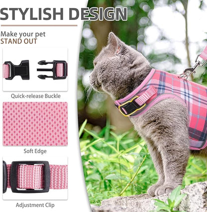 PUPTECK Soft Mesh Cat Vest Harness and Leash Set Puppy Padded Pet Harnesses Escape Proof for Cats Small Dogs Rabbits Bunny, Plaid Pink, XL